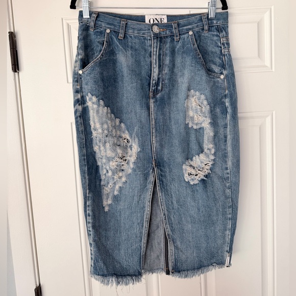 One Teaspoon Cadillac High Waist rise Skirt Size 30 denim midi distressed pencil - Picture 2 of 6